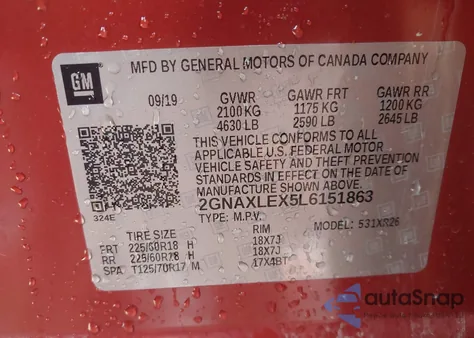 2020 Chevrolet Equinox Fwd Lt 2.0L Turbo из США, поврежденный, VIN 2GNAXLEX5L6151863